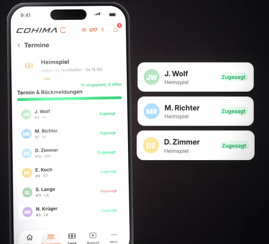 COHIMA auf dem iPhone: Termin mit Rückmeldungen der Spieler