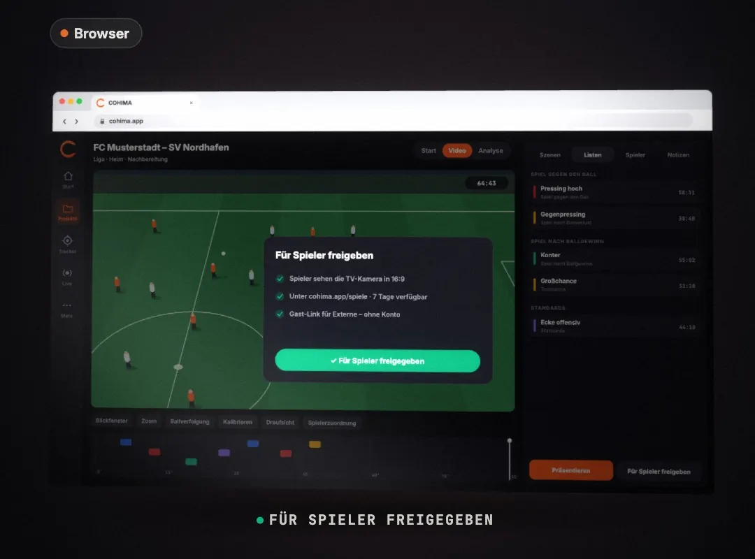 Analyze Web im Browser: Dialog „Für Spieler freigeben“ über dem Spielvideo